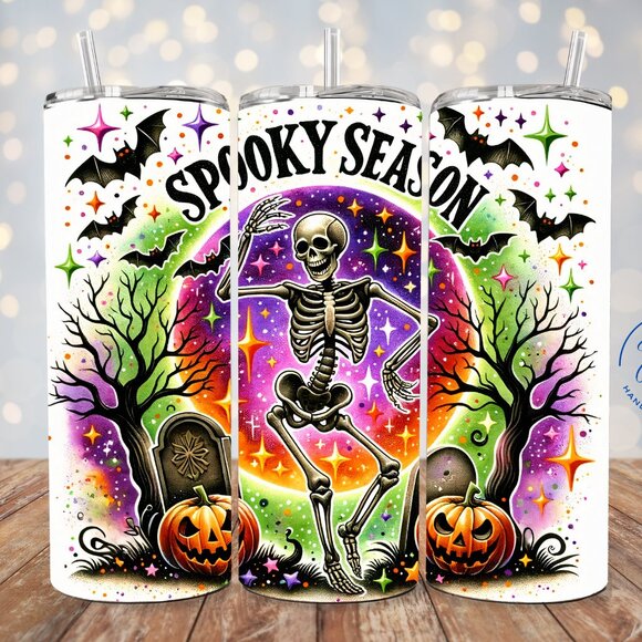 Spooky Season Tumbler, Halloween Tumbler Cup, Skeleton Pumpkin Skinny Tumbler - Picture 1 of 7